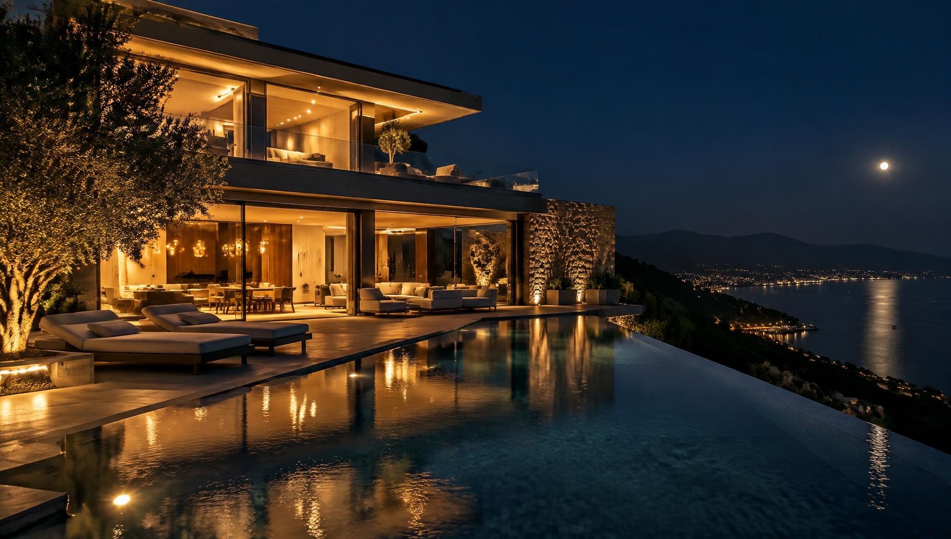 Luxury villa with infinity pool illuminated at night